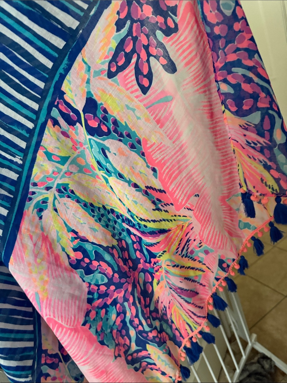 Lilly Pulitzer Blue and Pink Striped & Floral Fringed Wrap Scarf - Picture 2 of 6